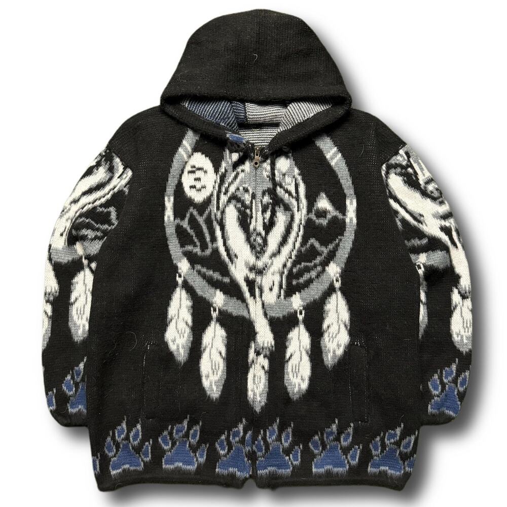 Arctic Wolf Y2K Vintage AOP Black White Wolf Knit Hoodie Top